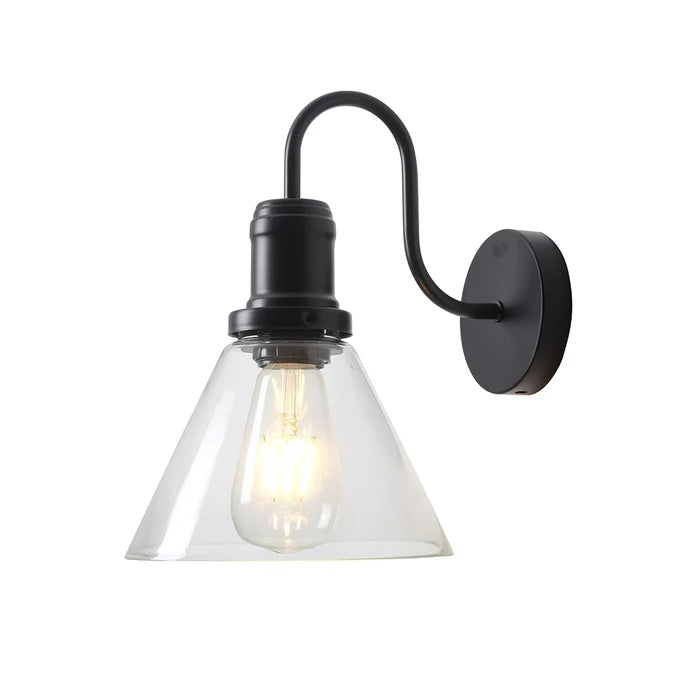 Curved Black Wall Light with Flared Glass Shade (PL 1130-01-BK)