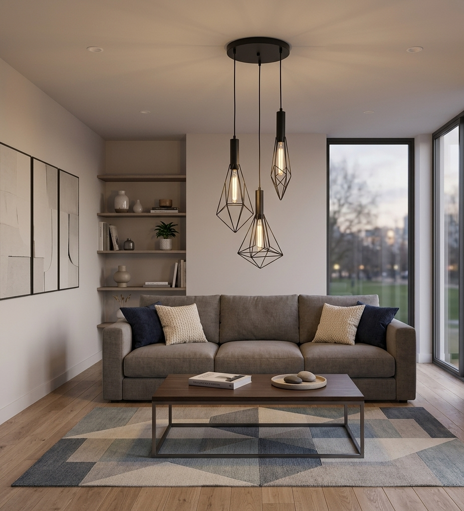 3-Light Pendant Lamp – Black Finish, E27 Base, Geometric Cage Design (PL 7040-27-03-BK)