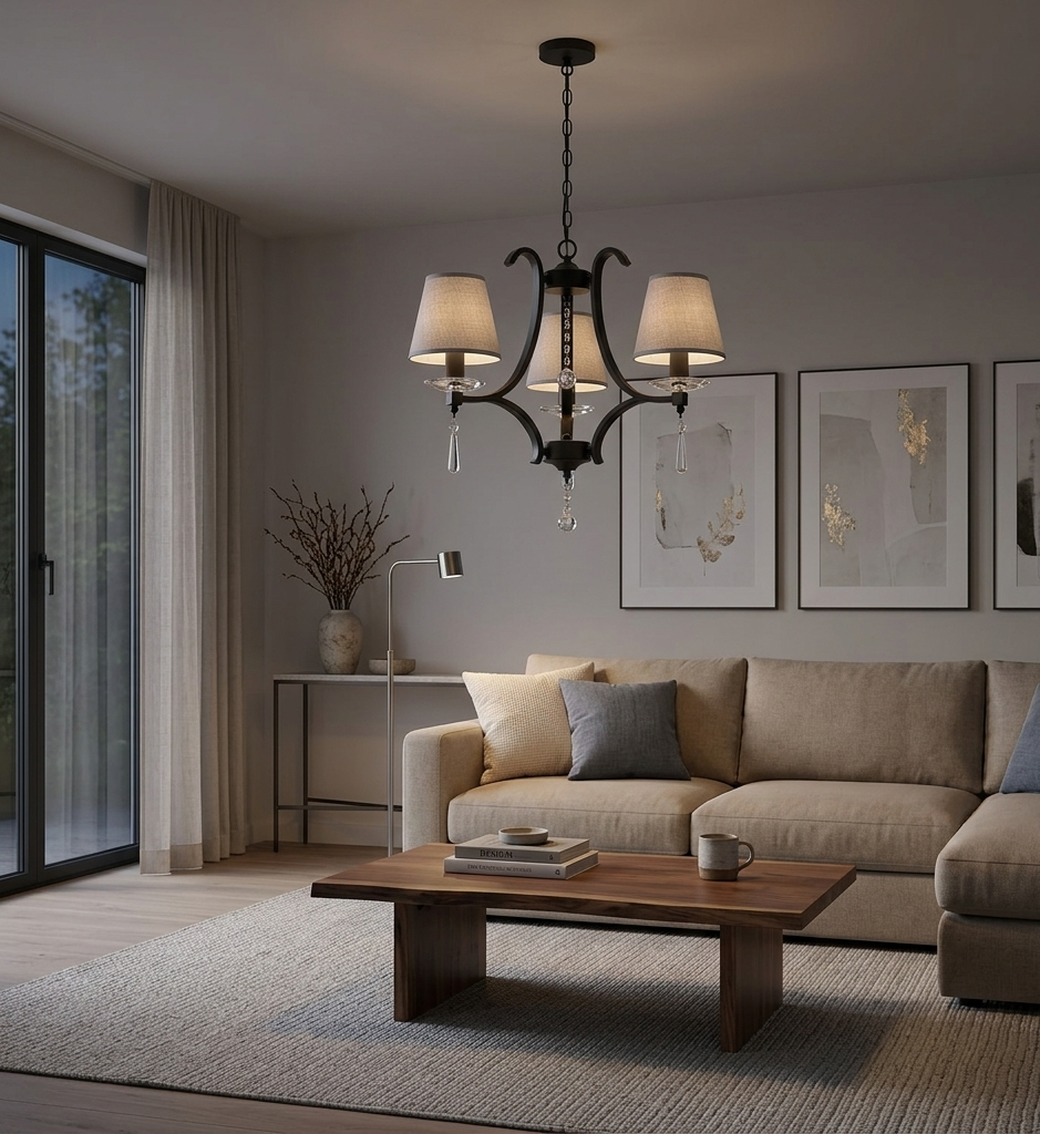 Elegant Black/Grey Pendant Lamp with Fabric Shades (PL 7045-14-03-BK)