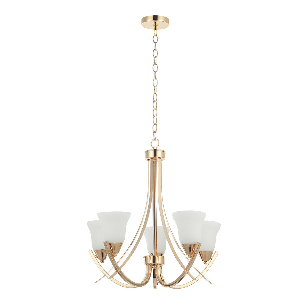Golden 5-Light Chandelier with Curved Arms and Frosted Glass – E27 (PL 7005-27-05)