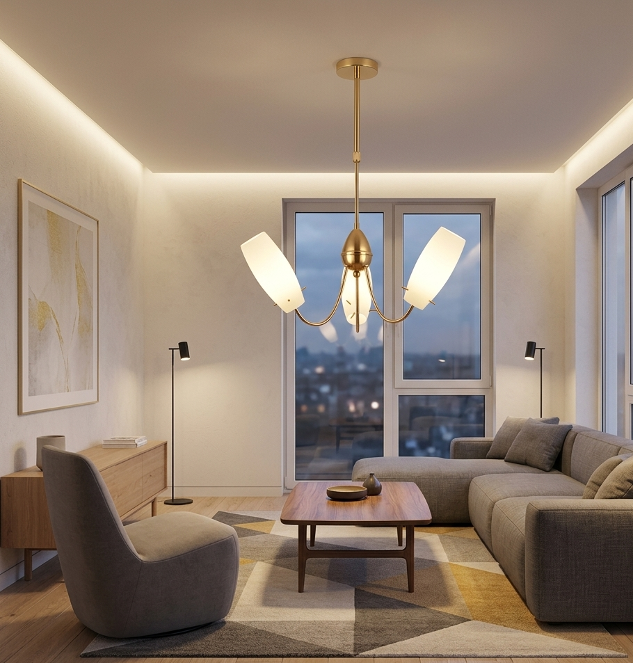 Golden Chandelier Lamp with White Glass Shades (PL 7001-14-03-GD)