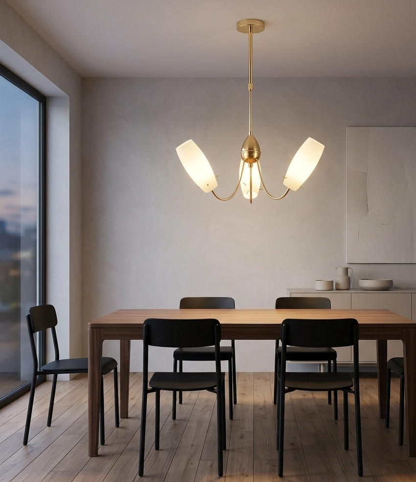 Golden Chandelier Lamp with White Glass Shades (PL 7001-14-03-GD)
