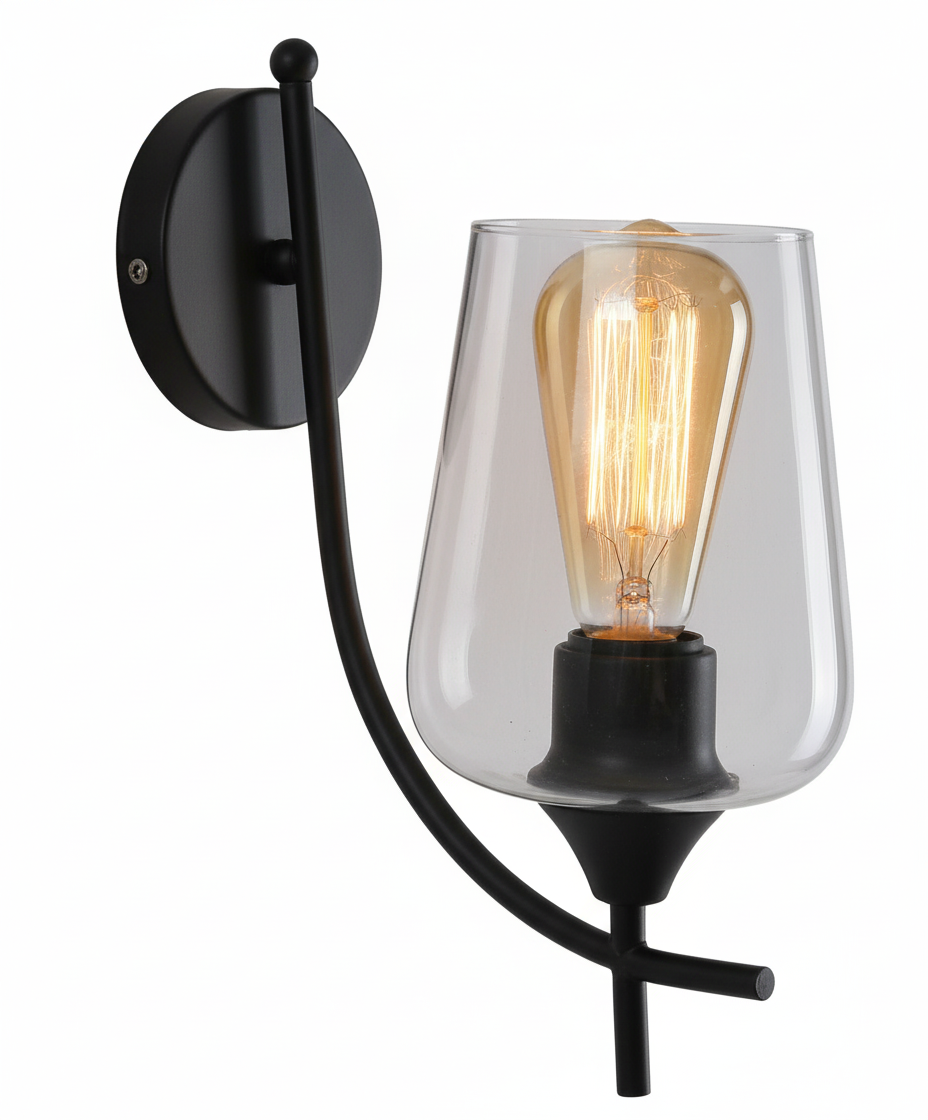 Glass Shade Sconce Light - Black Wall Lamp E27 (PL 1147-01-BK)