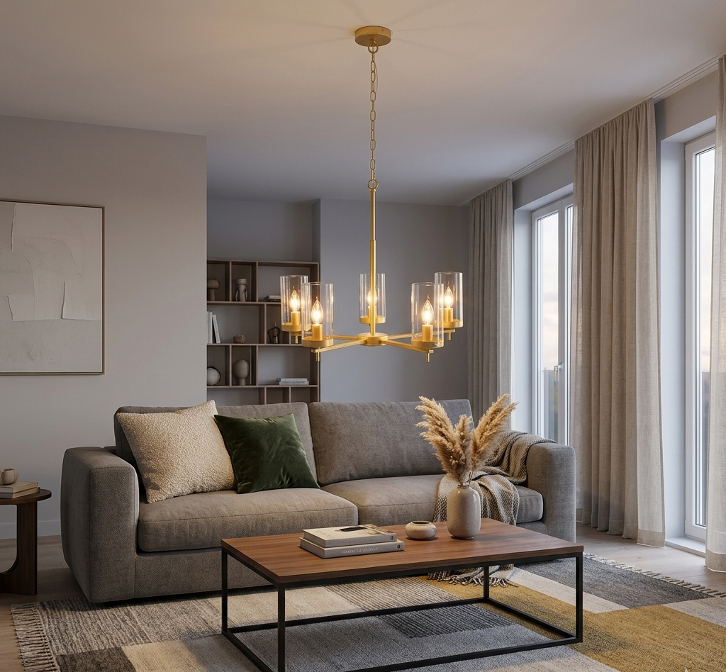 Golden 5-Light Pendant Lamp with Clear Glass Shades - E14 (PL 1148-05-GO)