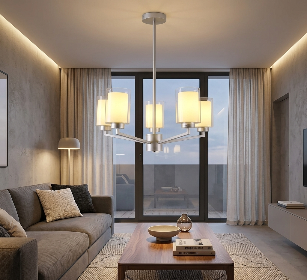 Silver 5-Light Pendant Lamp with Frosted Cylindrical Shades - E27 (PL 1149-05-SI)