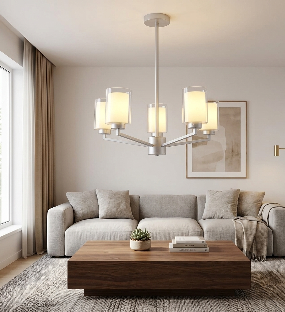 Silver 5-Light Pendant Lamp with Frosted Cylindrical Shades - E27 (PL 1149-05-SI)