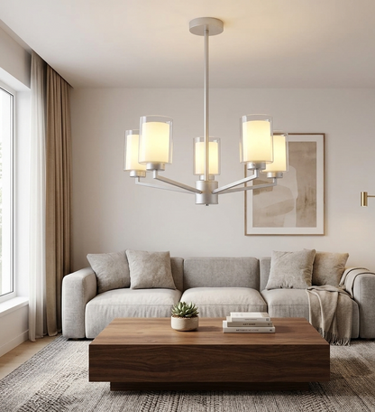 Silver 5-Light Pendant Lamp with Frosted Cylindrical Shades - E27 (PL 1149-05-SI)