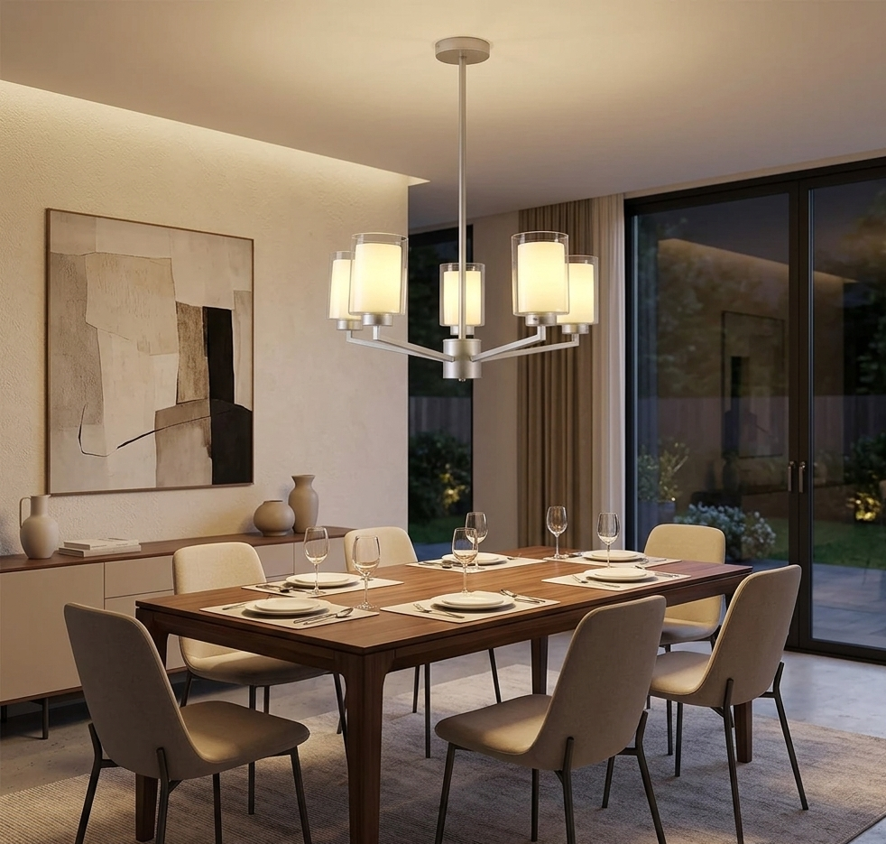Silver 5-Light Pendant Lamp with Frosted Cylindrical Shades - E27 (PL 1149-05-SI)