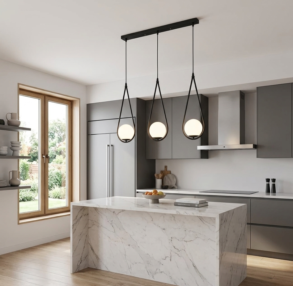 Black 3-Light Pendant Lamp with Teardrop Glass Shades (E27) (PL 1165-03-BK)