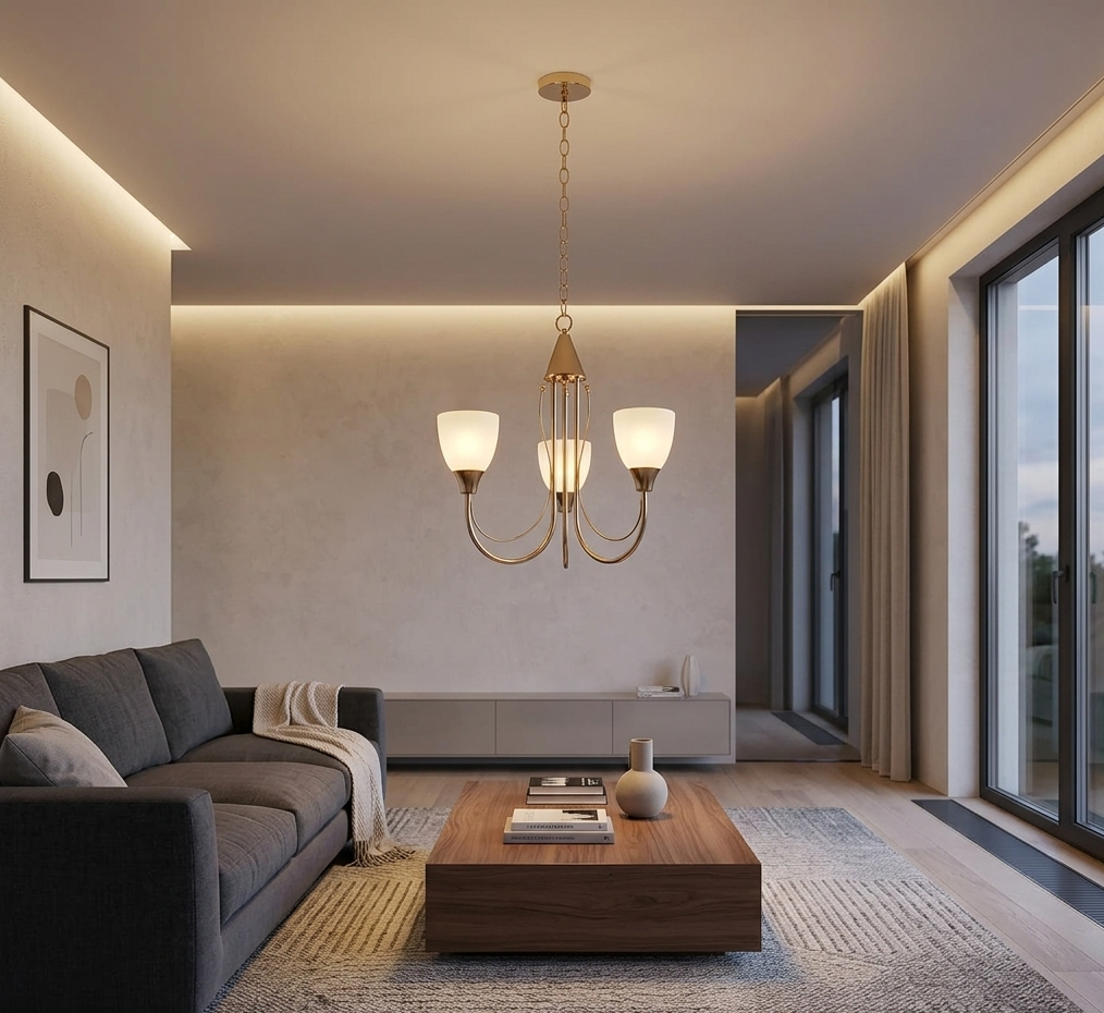 Golden Chandelier with Frosted Glass Shades – 3-Light (PL 7003-27-03-GD)