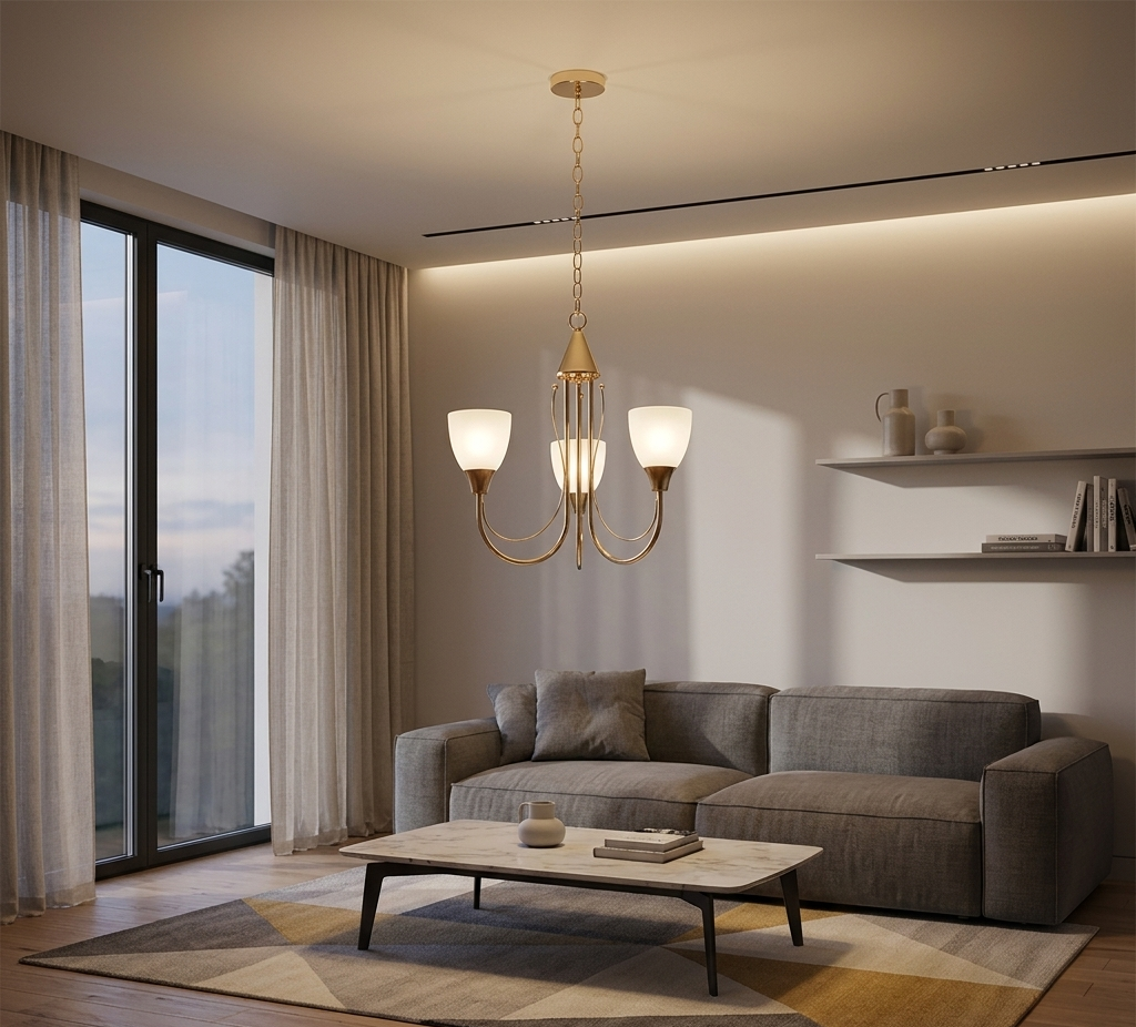 Golden Chandelier with Frosted Glass Shades – 3-Light (PL 7003-27-03-GD)
