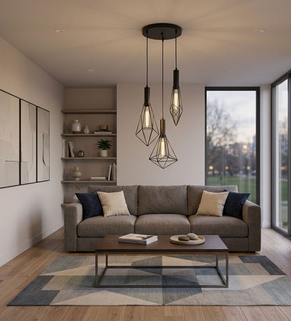 3-Light Pendant Lamp – Black Finish, E27 Base, Geometric Cage Design (PL 7040-27-03-BK)
