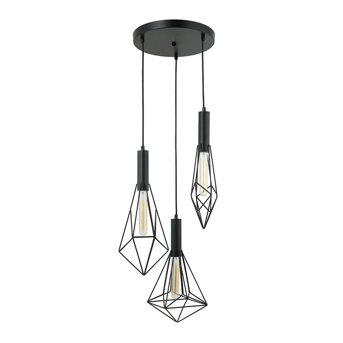 3-Light Pendant Lamp – Black Finish, E27 Base, Geometric Cage Design (PL 7040-27-03-BK)