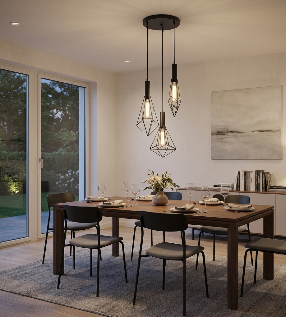 3-Light Pendant Lamp – Black Finish, E27 Base, Geometric Cage Design (PL 7040-27-03-BK)