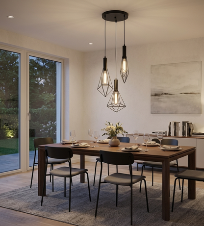 3-Light Pendant Lamp – Black Finish, E27 Base, Geometric Cage Design (PL 7040-27-03-BK)