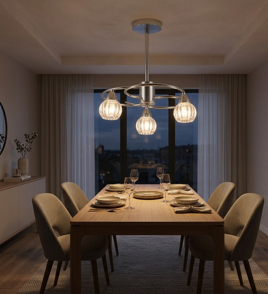 3-Light Pendant Lamp – Silver/White Finish, Decorative Crystal Glass (PL 7041-14-03-SI)