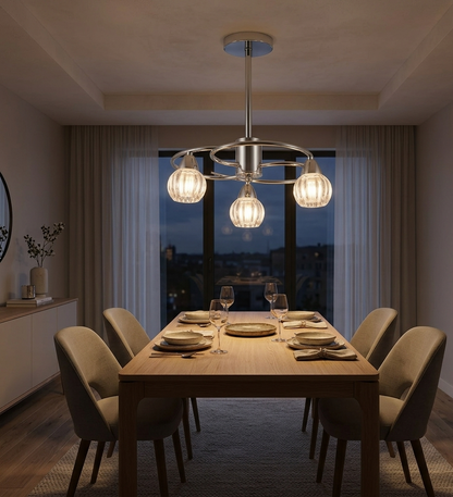 3-Light Pendant Lamp – Silver/White Finish, Decorative Crystal Glass (PL 7041-14-03-SI)