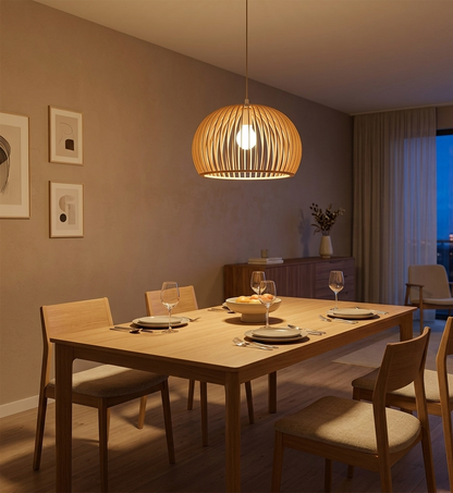 Natural Wooden Slatted Dome Pendant Light (PL WD25-01)