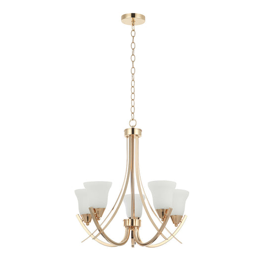 Golden 5-Light Chandelier with Curved Arms and Frosted Glass – E27 (PL 7005-27-05)